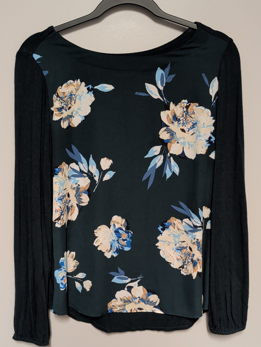Maurices Black Floral Boatneck Blouse with Cream & Blue Blooms